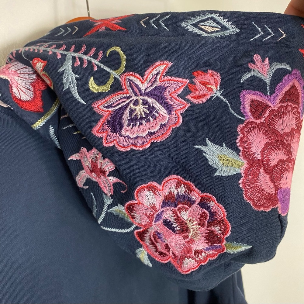 Floral Embroidery Navy Blue Boho Long Sleeves Sweatshirt Hooded Jackets, S - Picture 9 of 16